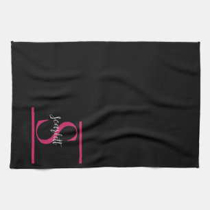 Elegant Stylish Black raspberry red Monogram Name Tea Towel