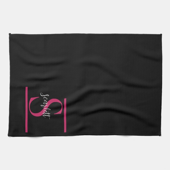 Elegant Stylish Black raspberry red Monogram Name Tea Towel (Horizontal)