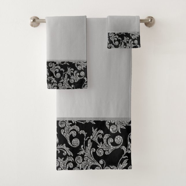 Elegant Stylish  Black Silver  Swirls Bath Towel Set (Insitu)