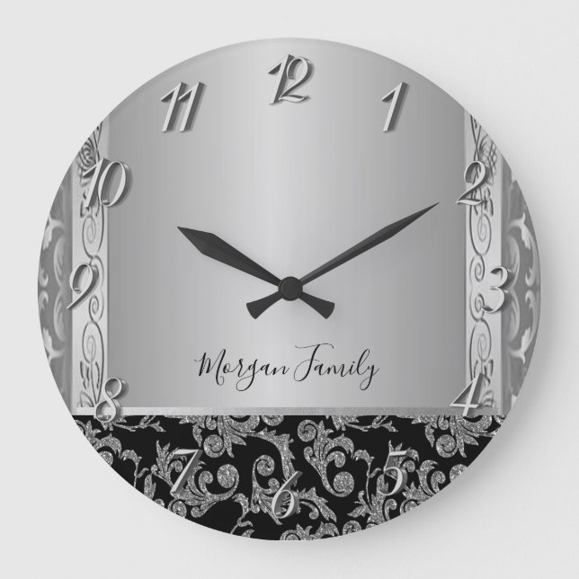 Elegant Stylish  Black Silver  Swirls   Large Clock (Front)