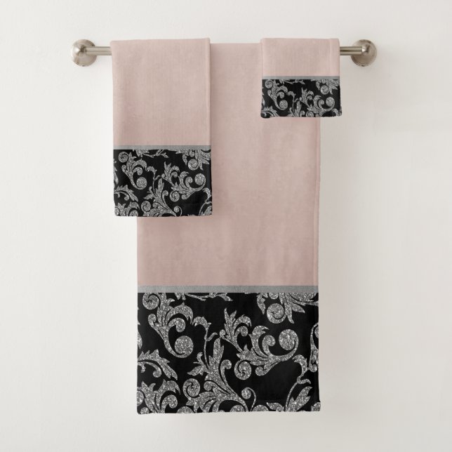 Elegant Stylish  Black Silver  Swirls Rose Gold Bath Towel Set (Insitu)