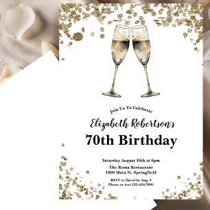 Elegant Stylish Black White Gold 70th Birthday Invitation
