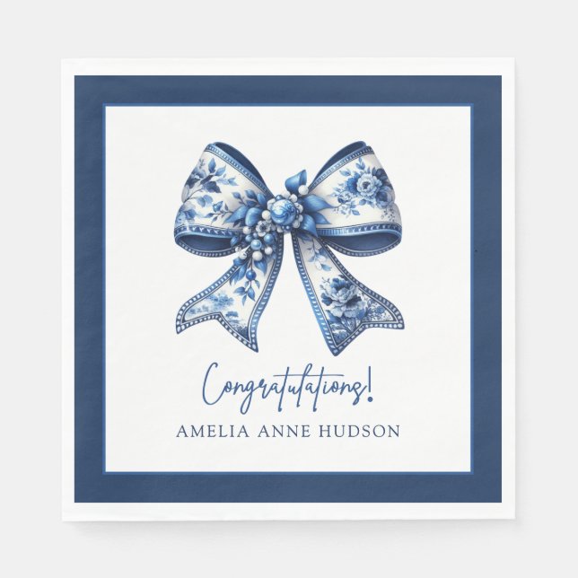 Elegant Stylish Blue Floral Bow Congratulations Napkin (Front)