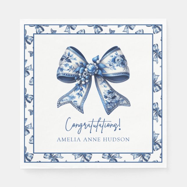 Elegant Stylish  Blue Floral Bow Graduation Napkin (Front)