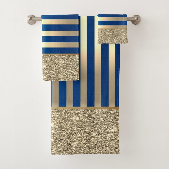 Elegant Stylish Blue Gold Stripes Glitter Shiny Bath Towel Set (Insitu)