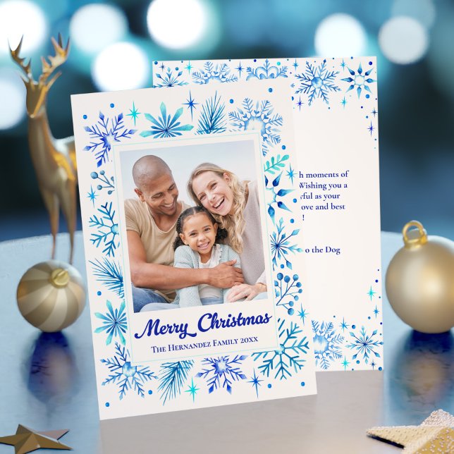 Elegant Stylish Blue Watercolor Snowflake Photo Holiday Card (Elegant Stylish Blue Watercolor Snowflake Photo Holiday Card)