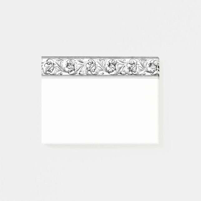 Elegant Stylish Border Black White Scroll Leaves Post-it Notes (Front)