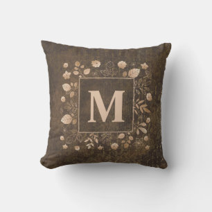 Elegant Stylish Brown Gold Leaves Monogram Porch Cushion