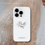 Elegant Stylish Calligraphy Black and White Bride iPhone 14 Pro Case<br><div class="desc">This elegant white iPhone case has black calligraphy writing with the word 'Bride'.
Customise this pretty iPhone case with the bride's name.  Fun bachelorette party gift!</div>