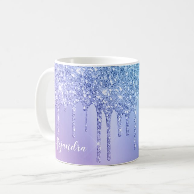 Elegant stylish chick blue & purple glitter drips coffee mug (Front Left)
