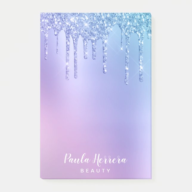 Elegant stylish chick blue & purple glitter drips post-it notes (Front)