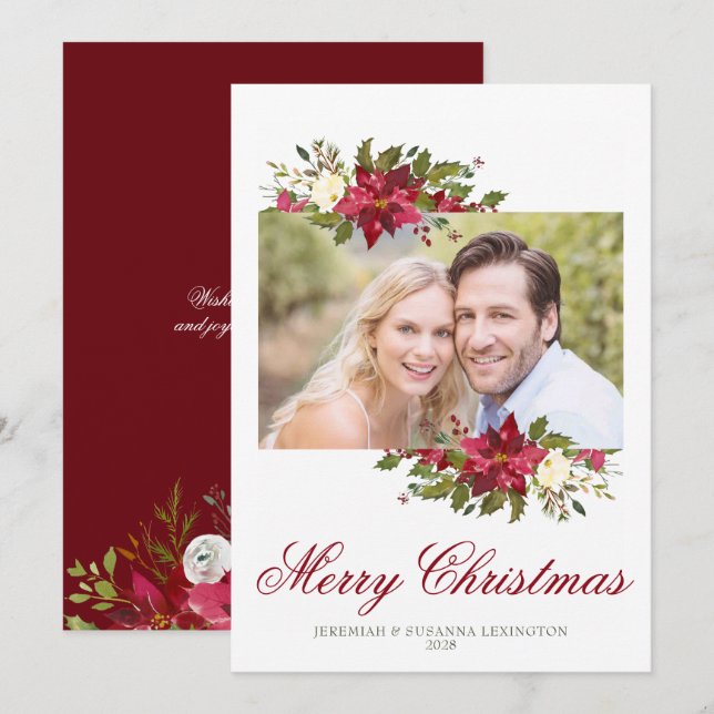 Elegant Stylish Christmas Poinsettia Holiday Photo Card (Front/Back)