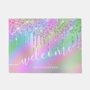 Elegant stylish colorful holographic glitter drips doormat