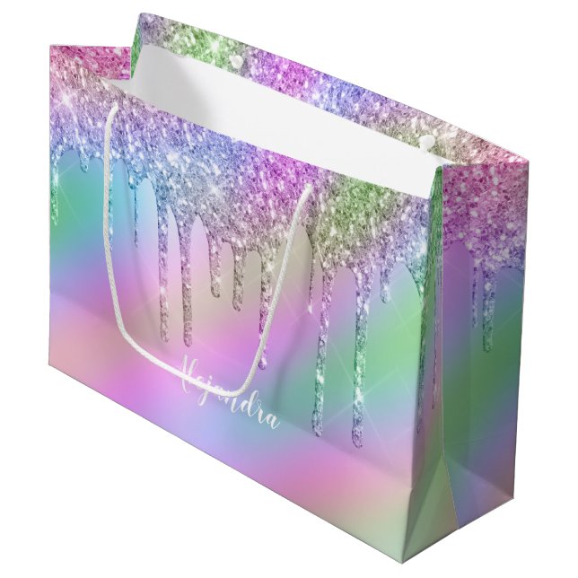 Elegant stylish colourful holographic glitter drip large gift bag (Front Angled)