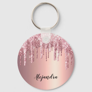 Elegant stylish copper rose gold glitter drips key ring