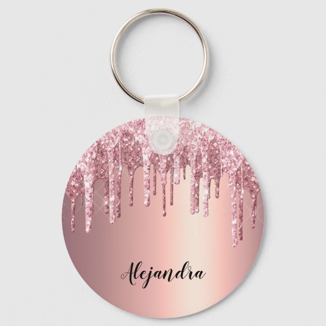 Elegant stylish copper rose gold glitter drips key ring (Front)