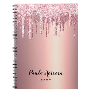 Elegant stylish copper rose gold glitter drips notebook