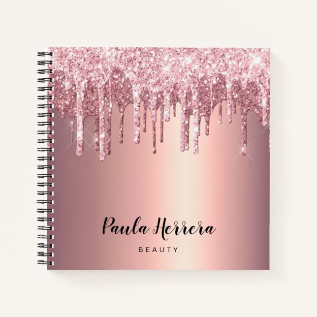 Elegant stylish copper rose gold glitter drips notebook (Front)