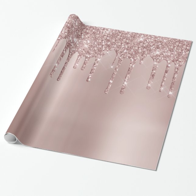Elegant stylish copper rose gold glitter drips wrapping paper (Unrolled)