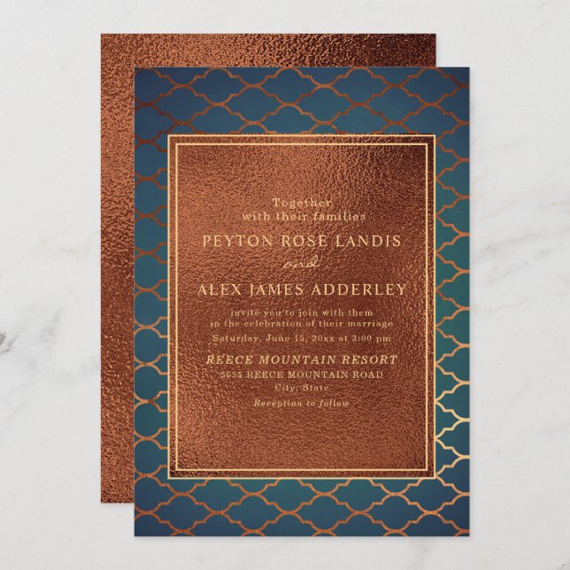 Elegant Stylish Copper Teal Gold Wedding Invite (Front/Back)