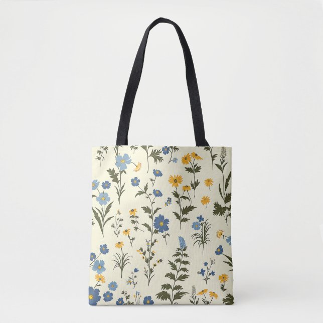 Elegant Stylish Cute Blue Botanical Floral Tote Bag (Front)