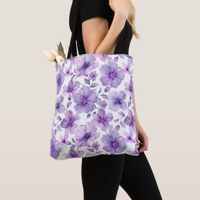Elegant Stylish Cute Boho Purple Botanical Floral Tote Bag (Close Up)
