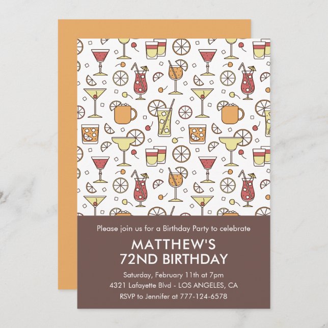 Elegant Stylish Drinks Cocktail 72nd birthday Invitation (Front/Back)