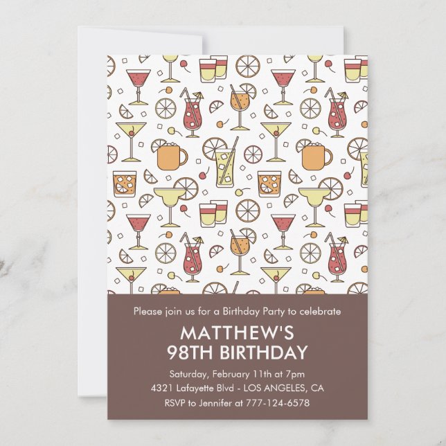 Elegant Stylish Drinks Cocktail 98th birthday Invitation (Front)