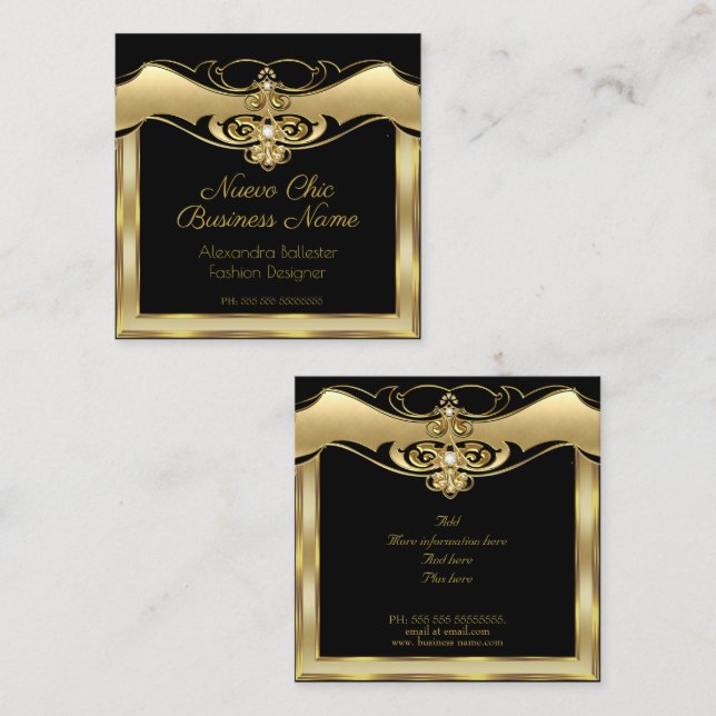 Elegant Stylish Fashion Beige Gold Black Diamond Square Business Card (Front/Back)