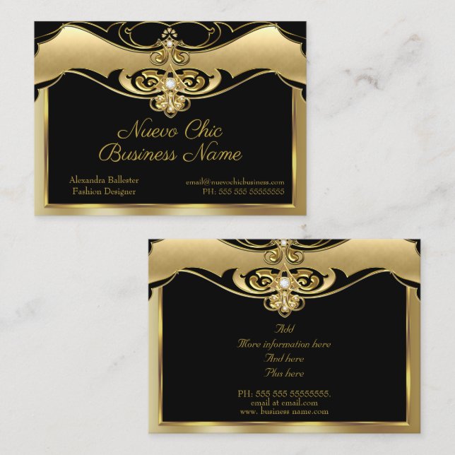 Elegant Stylish Fashion Beige Gold Gems Black Business Card (Front/Back)