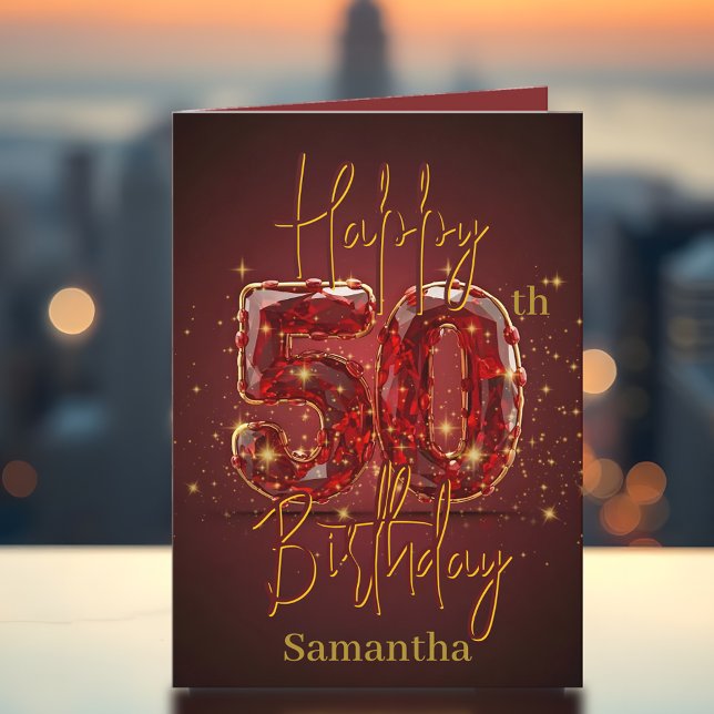 Elegant Stylish Gold and Red 50th Birthday Card (Creator Uploaded)