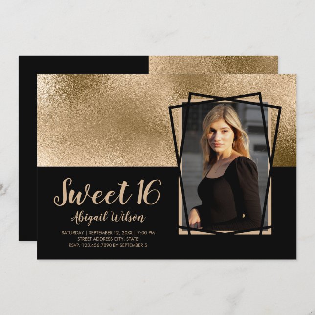 Elegant stylish gold black sweet sixteen birthday invitation (Front/Back)