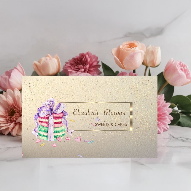 Elegant,Stylish,Gold Frame,Confetti,Macarons Business Card (Creator Uploaded)