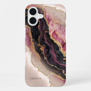 Elegant Stylish Gold Glitter Black Burgundy Marble iPhone 16 Plus Case