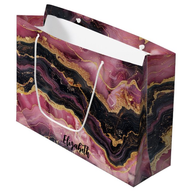 Elegant Stylish Gold Glitter Black Burgundy Marble Large Gift Bag (Front Angled)