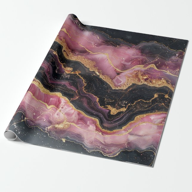 Elegant Stylish Gold Glitter Black Burgundy Marble Wrapping Paper (Unrolled)