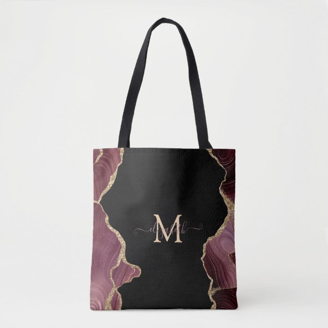 Elegant Stylish Gold Glitter Burgundy Agate Bath Tote Bag (Front)