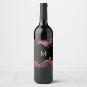 Elegant Stylish Gold Glitter Burgundy Agate  Wine Label