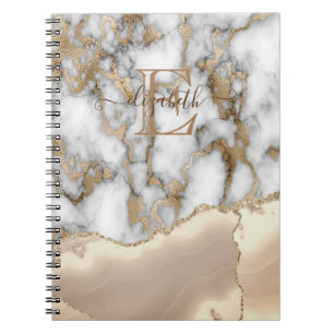 Elegant Stylish Gold Glitter Cream Marble Monogram Notebook