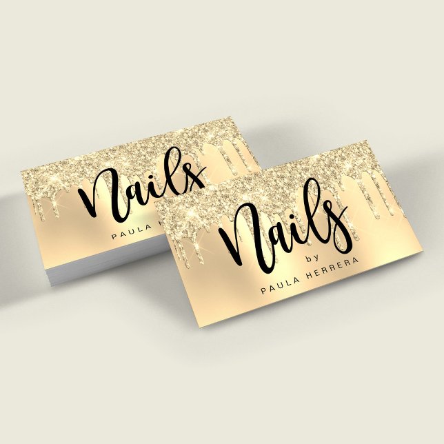 Elegant stylish gold glitter drips nails business card (Creator Uploaded)