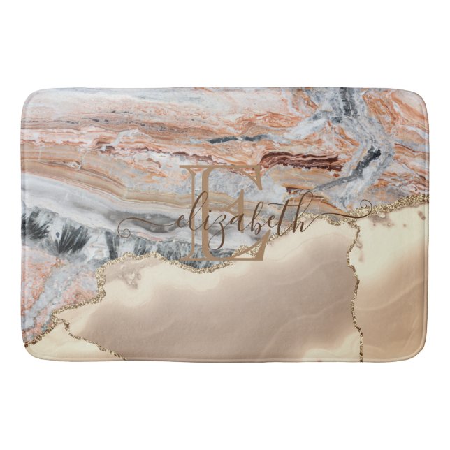 Elegant Stylish Gold Glitter Marble Stone Monogram Bath Mat (Front)