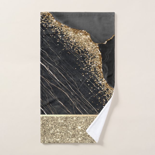 Elegant Stylish Gold Glitter Sequins Black Marble Bath Towel Set (Hand Towel)