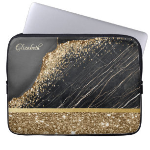 Elegant Stylish Gold Glitter Sequins Black Marble  Laptop Sleeve
