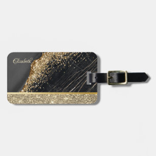 Elegant Stylish Gold Glitter Sequins Black Marble Luggage Tag