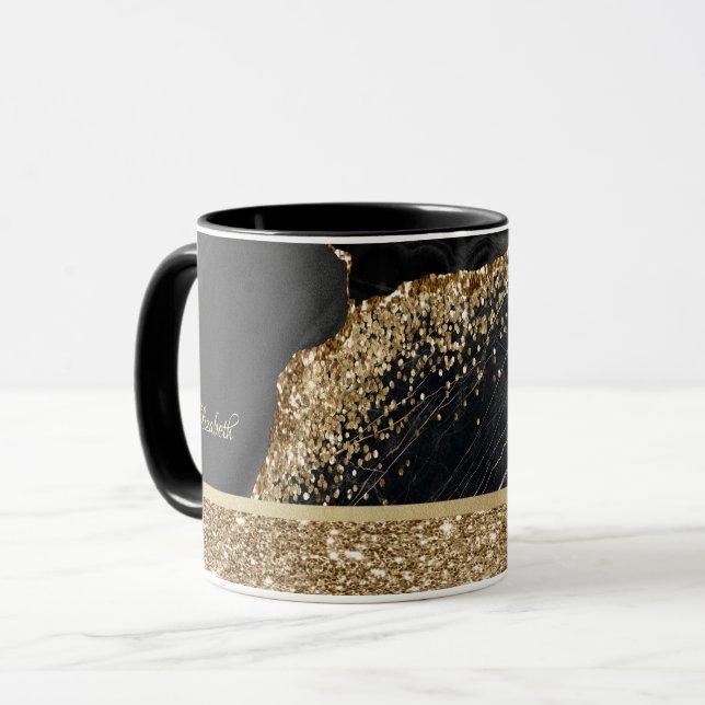 Elegant Stylish Gold Glitter Sequins Black Marble  Mug (Front Left)