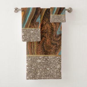 Elegant Stylish Gold Glitter Shiny Marble Bath Towel Set