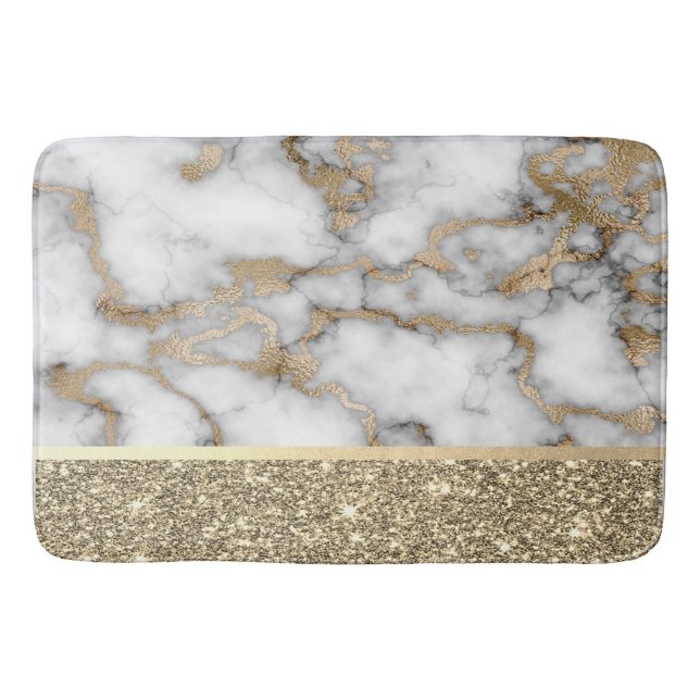 Elegant Stylish Gold Glitter Shiny White Marble  Bath Mat (Front)
