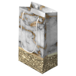 Elegant Stylish Gold Glitter Shiny White Marble  Small Gift Bag