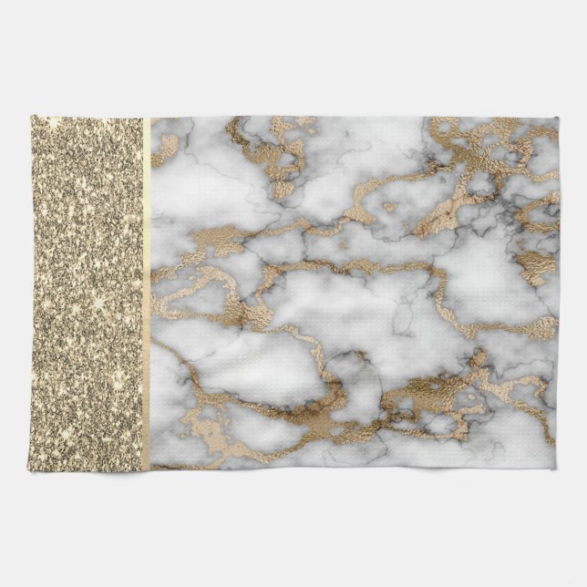 Elegant Stylish Gold Glitter Shiny White Marble  Tea Towel (Horizontal)