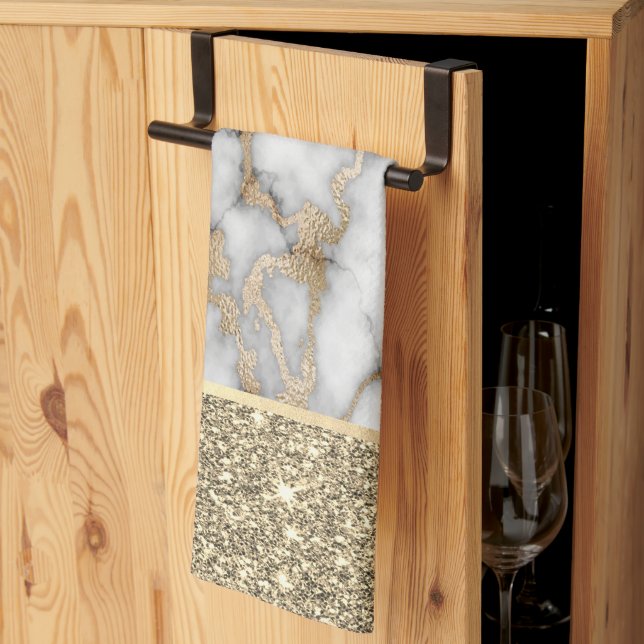 Elegant Stylish Gold Glitter Shiny White Marble  Tea Towel (Thirds Fold)